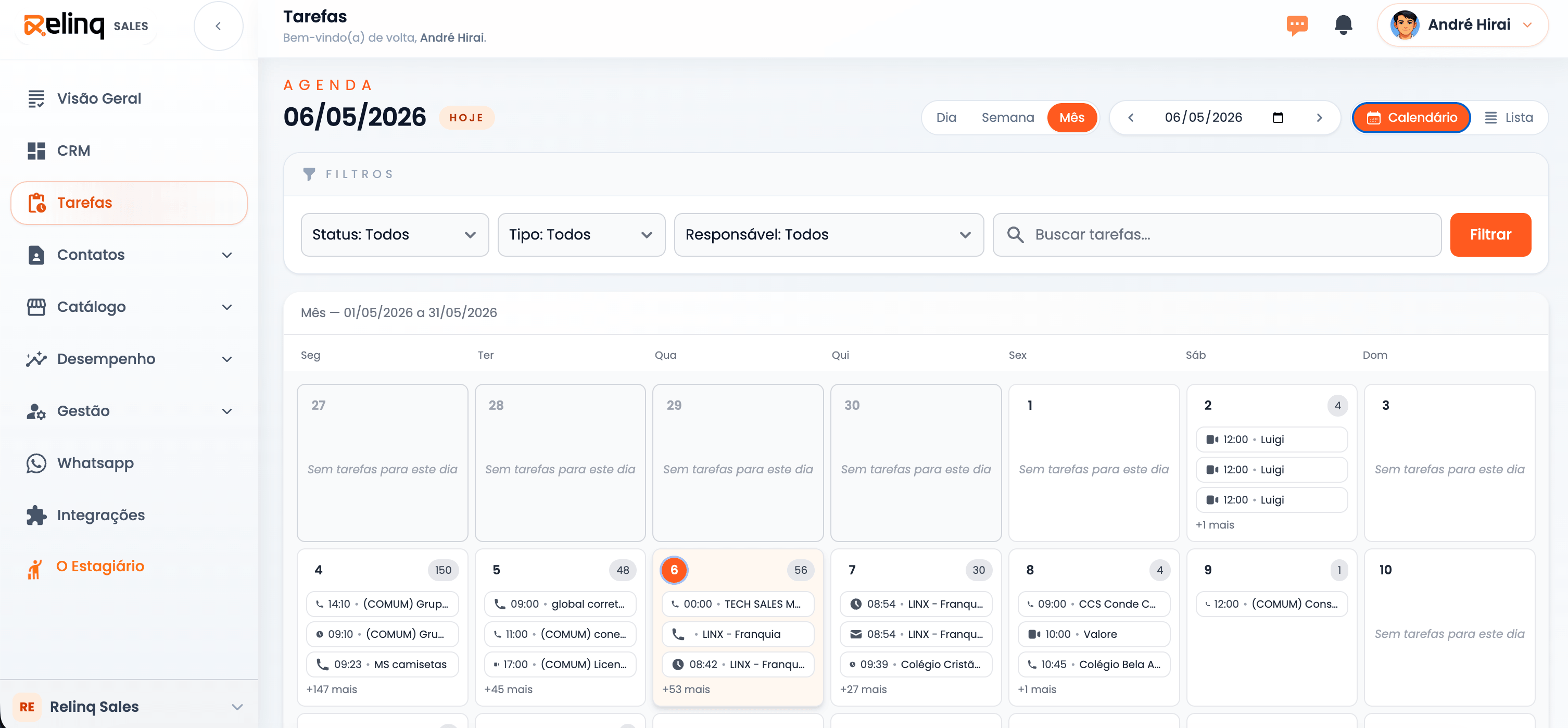 Agenda e calendário comercial integrado ao CRM RelinqSales